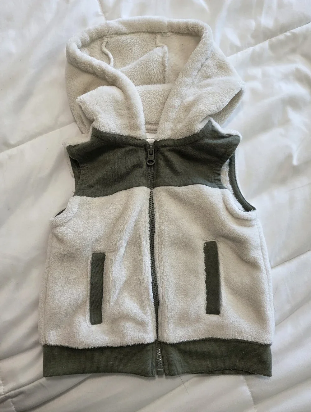 Olive Green and Cream Plush-Lined Baby Boys Fleece Vest